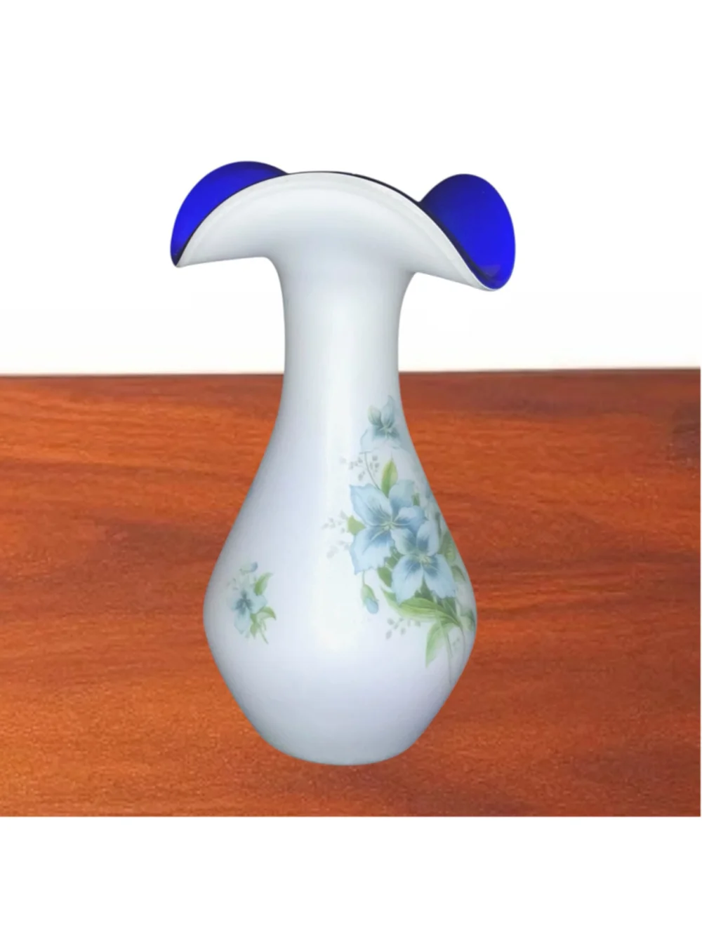 Vintage Made Italy White Satin Cobalt Blue Ruffled Rim Floral Art Glass Vase 12”